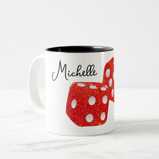 Red Glitter Dice Personalized Name Two-Tone Coffee Mug (Front Left)