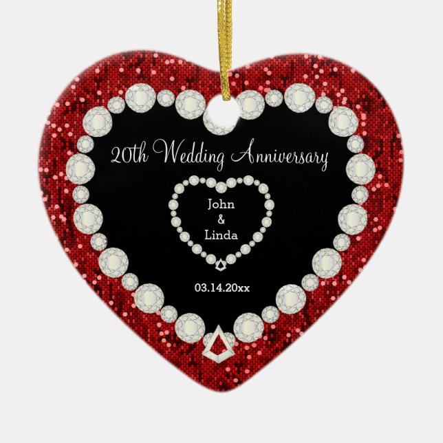 Red Glitter DIY Wedding Anniversary Ceramic Ornament (Front)