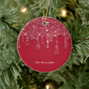 Red Glitter Drip Custom Name Ceramic Ornament