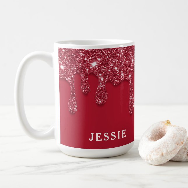 Red Glitter Drip Custom Name  Coffee Mug (With Donut)