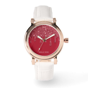Red Glitter Drip Custom Name Rose Gold Vintage Watch