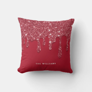 Red Glitter Drip Custom Name Throw Pillow