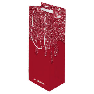 Red Glitter Drip Custom Name Wine Gift Bag