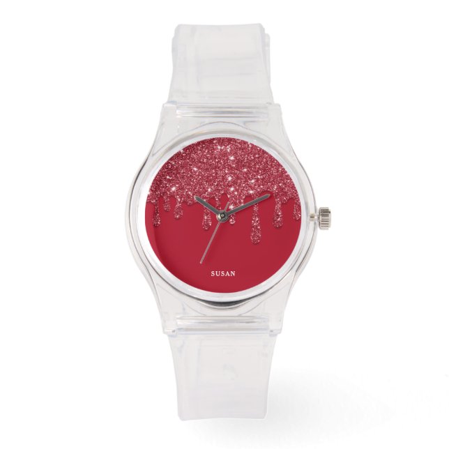 Red Glitter Drip Custom Name Women's Clear Strap  Watch (Front)