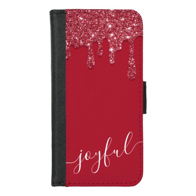 Red Glitter Drip Custom Text or Name  iPhone Wallet Case (Front)