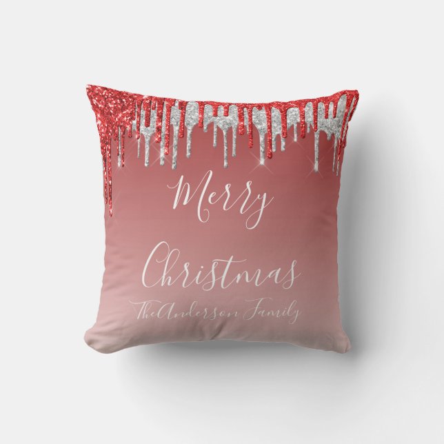 Red Glitter Dripping Monogram Merry Christmas Throw Pillow (Front)