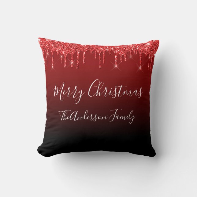 Red Glitter Dripping Monogram Merry Christmas  Throw Pillow (Front)