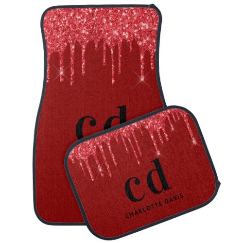 Red glitter drips black name monogram car floor mat