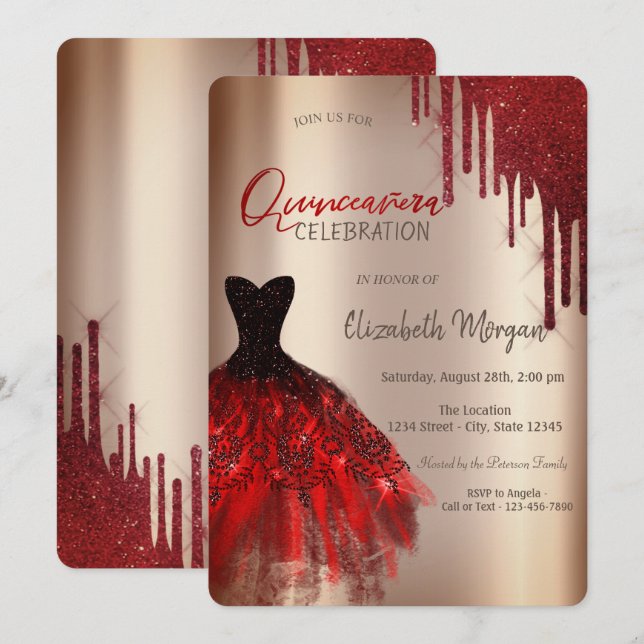 Red Glitter Drips Dress Quinceañera  Invitation (Front/Back)