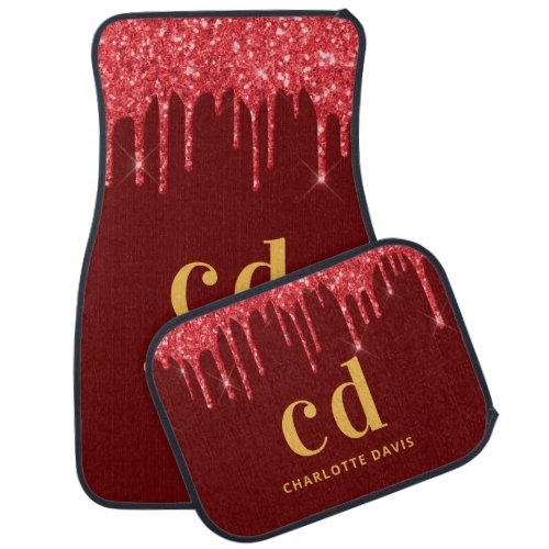 Red glitter drips gold name monogram initials car floor mat