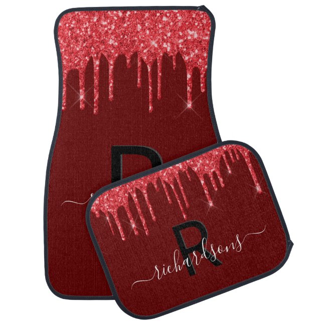Red glitter drips monogram name car floor mat (Set)