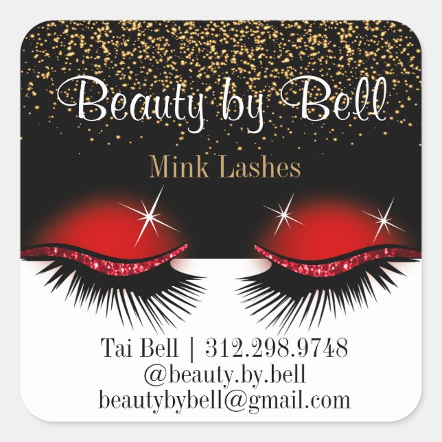 Red Glitter Eyelashes Square Sticker (Front)