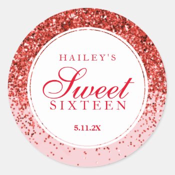 Red Glitter Fab Sweet Sixteen  Classic Round Sticker by Evented at Zazzle