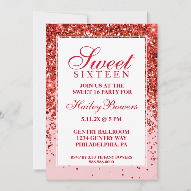Red Glitter Fab Sweet Sixteen Invitation (Front)