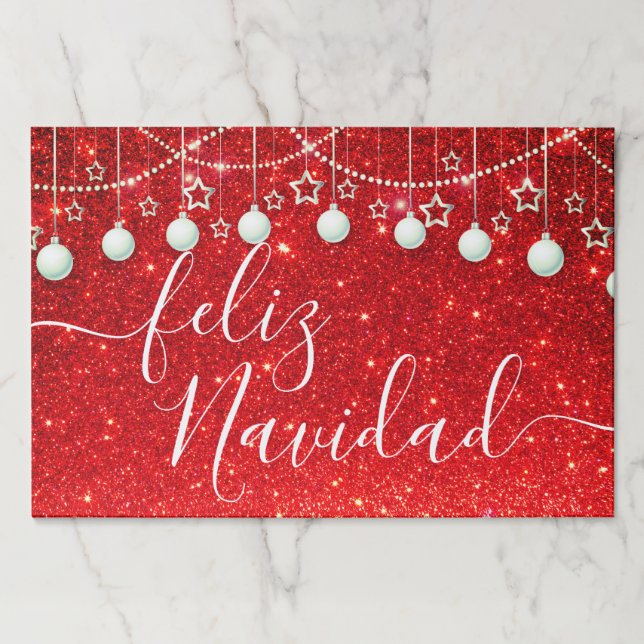 Red Glitter Feliz Navidad paper placemat (Front)