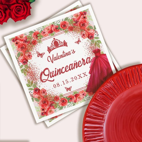 Red Glitter Floral Quinceanera Party Napkins