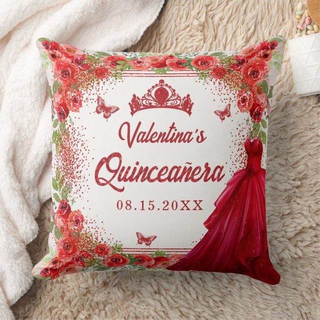 Red Glitter Floral Quinceanera Party Throw Pillow (Blanket)
