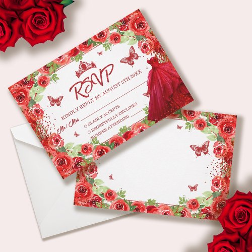 Red Glitter Floral Quinceanera RSVP Card