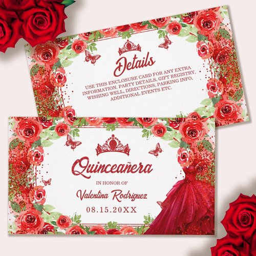 Red Glitter Floral Sparkle Quinceanera Enclosure Card