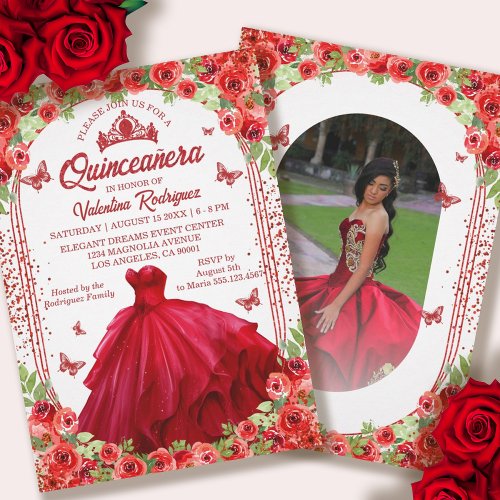 Red Glitter Floral Sparkle Quinceanera Invitation