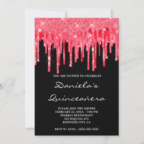 Red Glitter Foil Drips Black Quinceaera Invitation