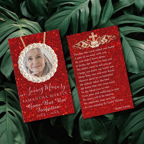 Red Glitter Funeral Memorial Prayer Photo Card