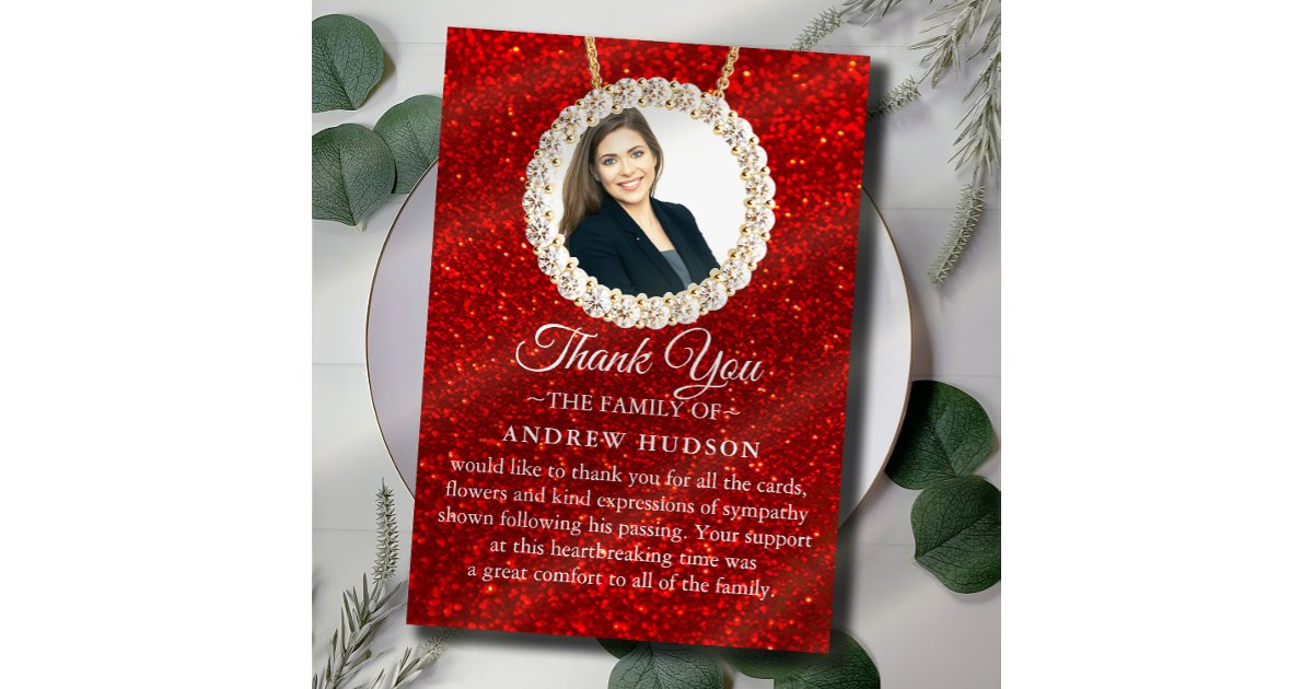 Red Glitter Funeral Photo Sympathy Thank You Card | Zazzle