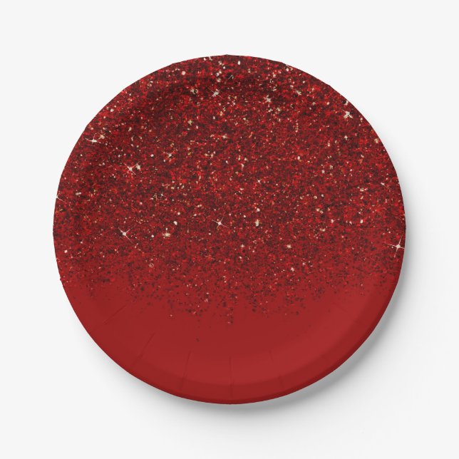 Red Glitter Glam Sparkle Elegant Chic Party Paper Plates (Front)