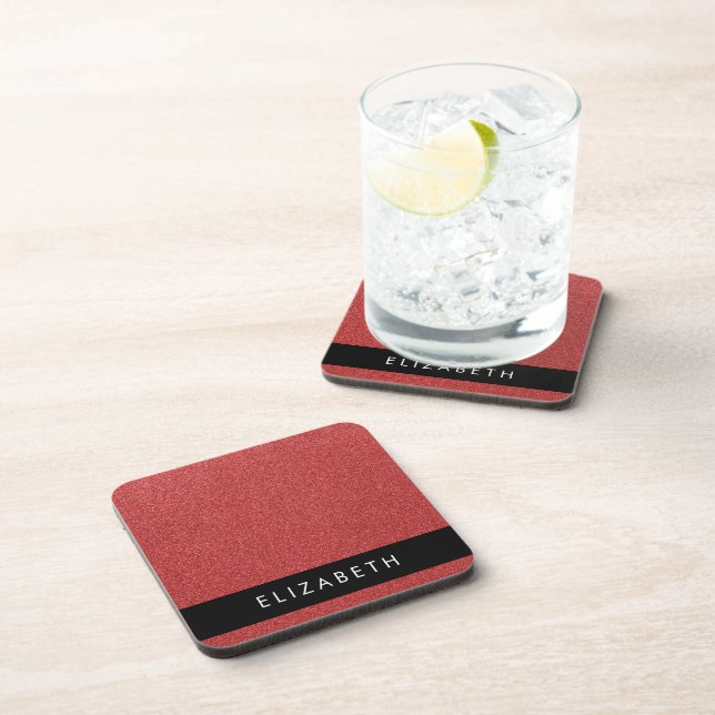 Red Glitter, Glitter Background, Your Name Beverage Coaster (Right Side)