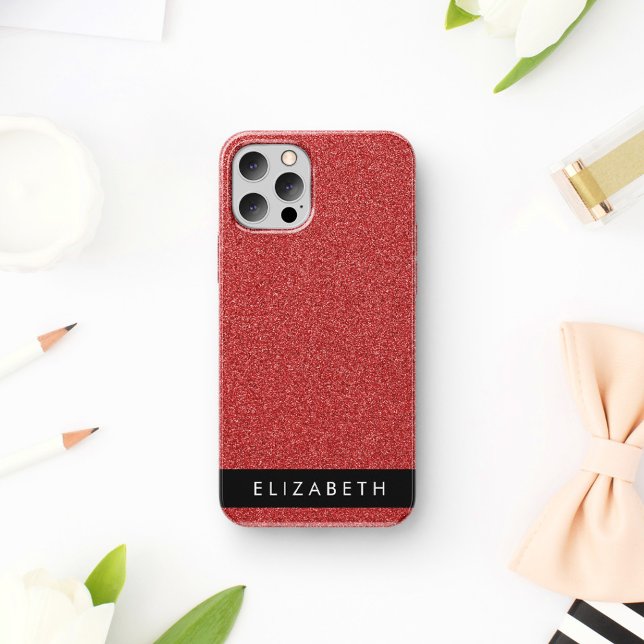 Red Glitter, Glitter Background, Your Name iPhone Case (Creator Uploaded)