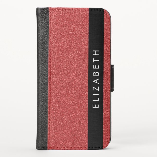 Red Glitter, Glitter Background, Your Name iPhone Wallet Case (Front)