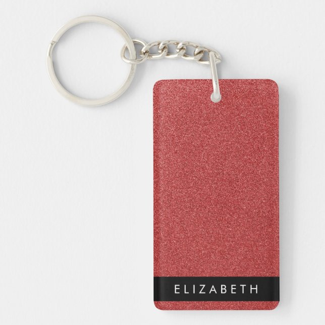 Red Glitter, Glitter Background, Your Name Keychain (Front)