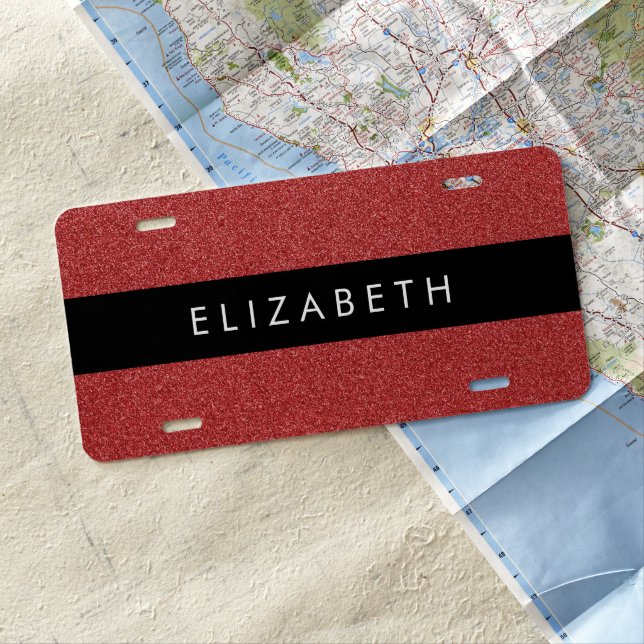 Red Glitter, Glitter Background, Your Name License Plate (In Situ)