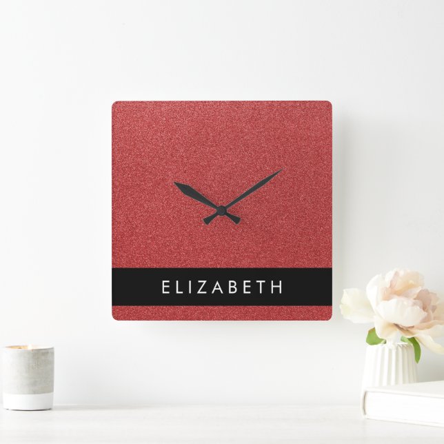 Red Glitter, Glitter Background, Your Name Square Wall Clock (Home)