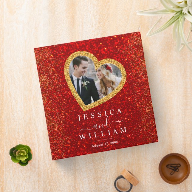 Red Glitter Gold Heart Custom Wedding Photo Album 3 Ring Binder (In Situ)