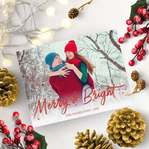 Red Glitter Handwritten Photo Merry And Bright Postcard