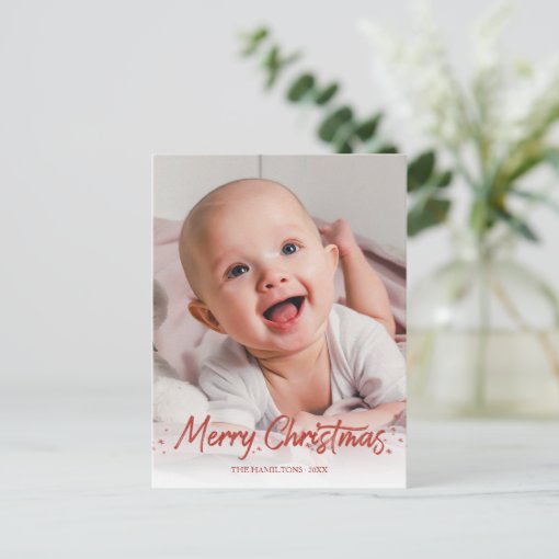 Red Glitter Handwritten Photo Merry Christmas Postcard | Zazzle