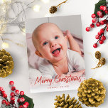Red Glitter Handwritten Photo Merry Christmas Postcard<br><div class="desc">Simple cute photo Christmas card,  featuring a gold glitter handwritten font,  great for light pictures.</div>
