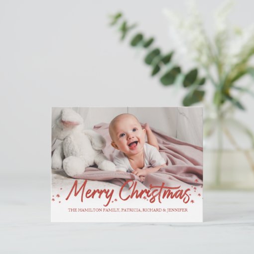 Red Glitter Handwritten Photo Merry Christmas Postcard | Zazzle