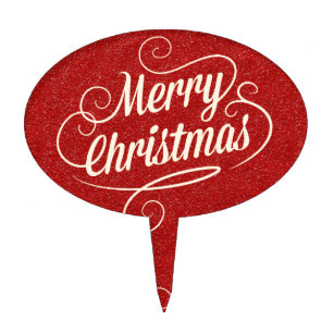 Red Glitter Happy Christmas Greetings Cake Topper
