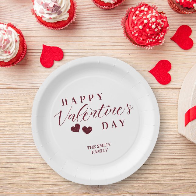 Red Glitter Happy Valentine's Day Hearts Paper Plates (Red Glitter Effect Happy Valentine's Day Hearts Plates.)