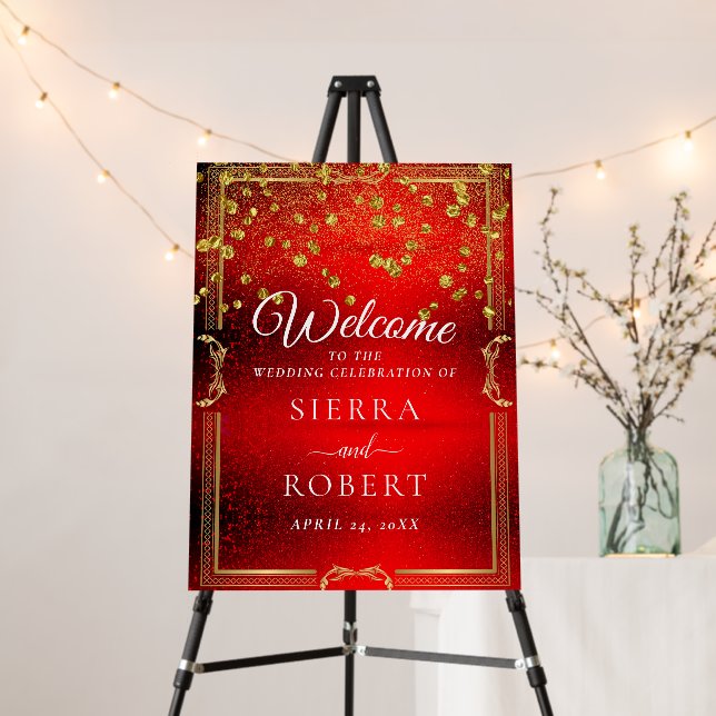 Red Glitter Happy Wedding Welcome Sign (In Situ (Stand))