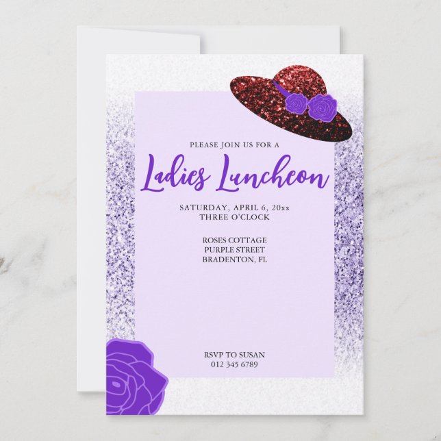 Red glitter hat purple lavender Ladies Luncheon Invitation (Front)