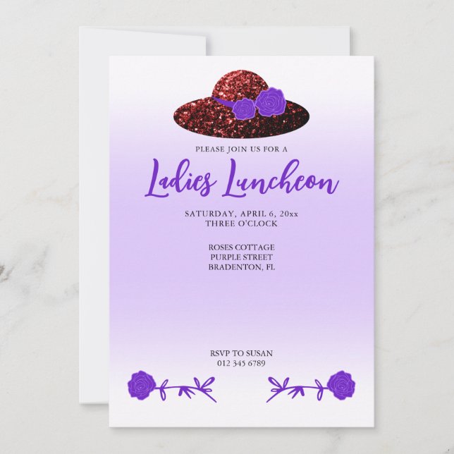 Red glitter hat purple lavender Ladies Luncheon Invitation (Front)
