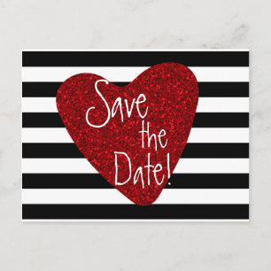 Red Glitter Heart Black White Striped Postcard