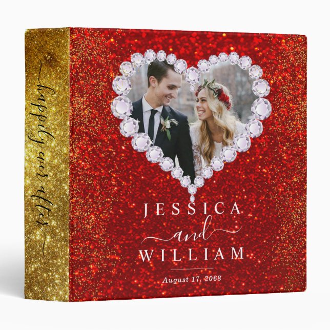 Red Glitter Heart Diamonds Custom Wedding Album 3 Ring Binder (Front/Spine)