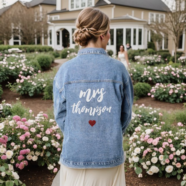 Red Glitter Heart Mrs Name Bride Denim Jacket (Wedding Back)
