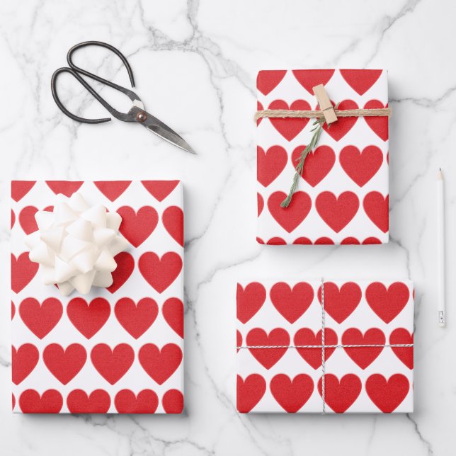 Red Glitter Heart Pattern Wrapping Paper Sheets (Front)