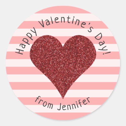Red Glitter Heart Stripes Happy Valentines Day Classic Round Sticker
