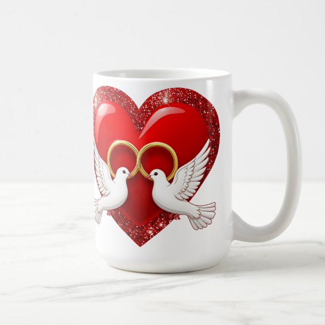 Red Glitter Heart With Interlocked Wedding Rings Coffee Mug (Right)